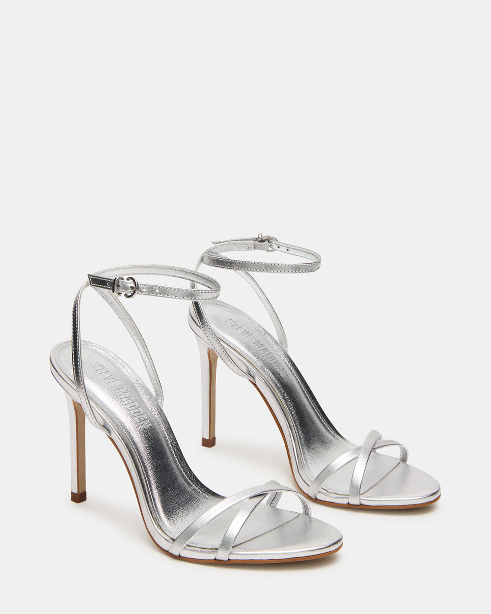 JYPSEY Silver Leather Strappy Stiletto Women's Heel | Steve Madden Sale