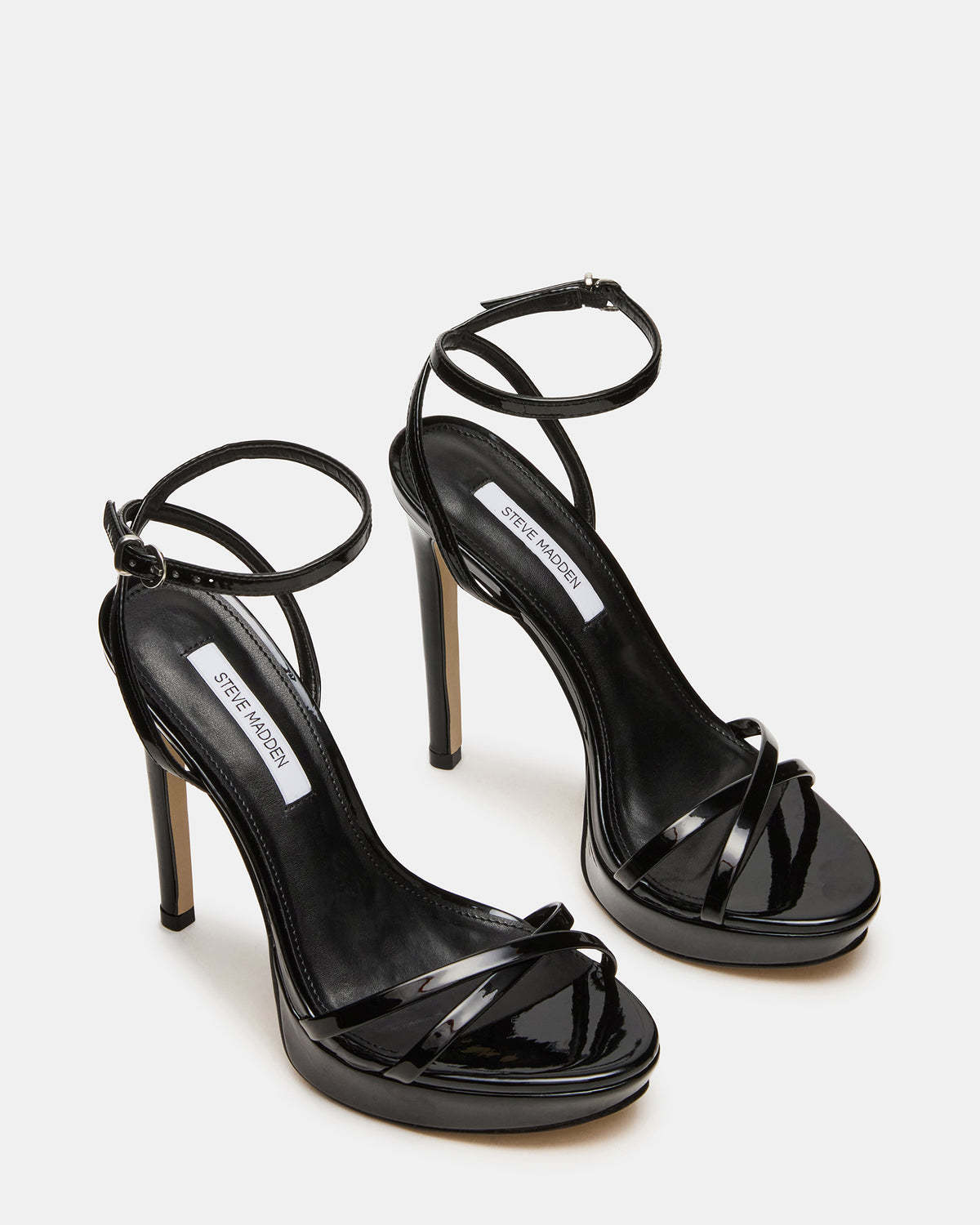 JUNI Black Patent Criss Cross Stiletto Ankle Strap Women's Heel | Steve Madden US