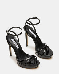 JUNI Black Patent Criss Cross Stiletto Ankle Strap Women's Heel | Steve Madden US