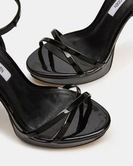 JUNI Black Patent Criss Cross Stiletto Ankle Strap Women's Heel | Steve Madden US