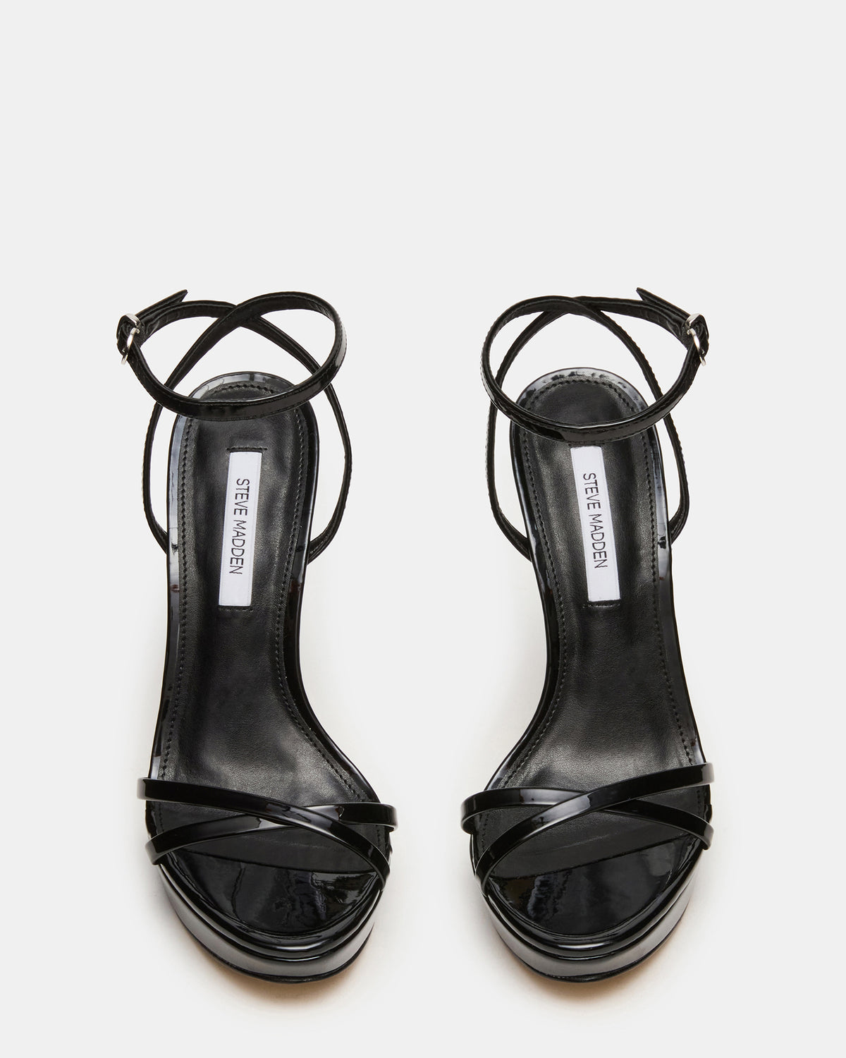 JUNI Black Patent Criss Cross Stiletto Ankle Strap Women's Heel | Steve Madden US