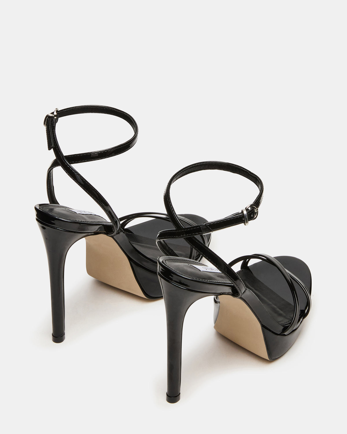 JUNI Black Patent Criss Cross Stiletto Ankle Strap Women's Heel | Steve Madden US