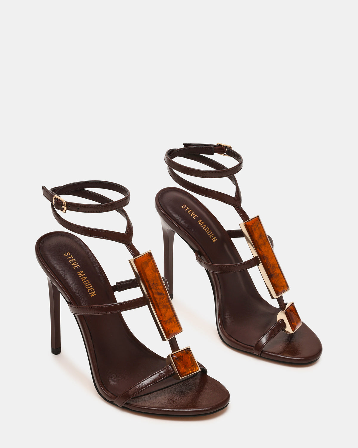 SHAYLEE Brown Stone Detail Strappy Stiletto Women's Heel | Steve Madden near me