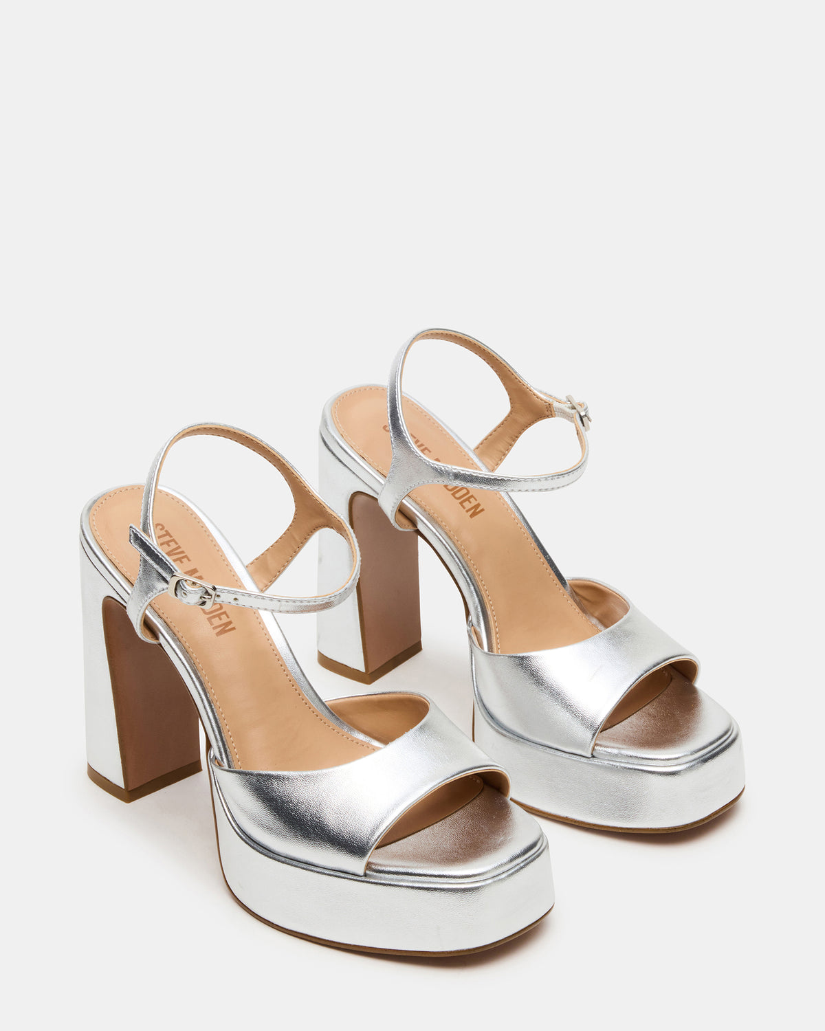 LIANDRA Silver Platform Square-Toe Strappy Women's Heel | Steve Madden for Sale