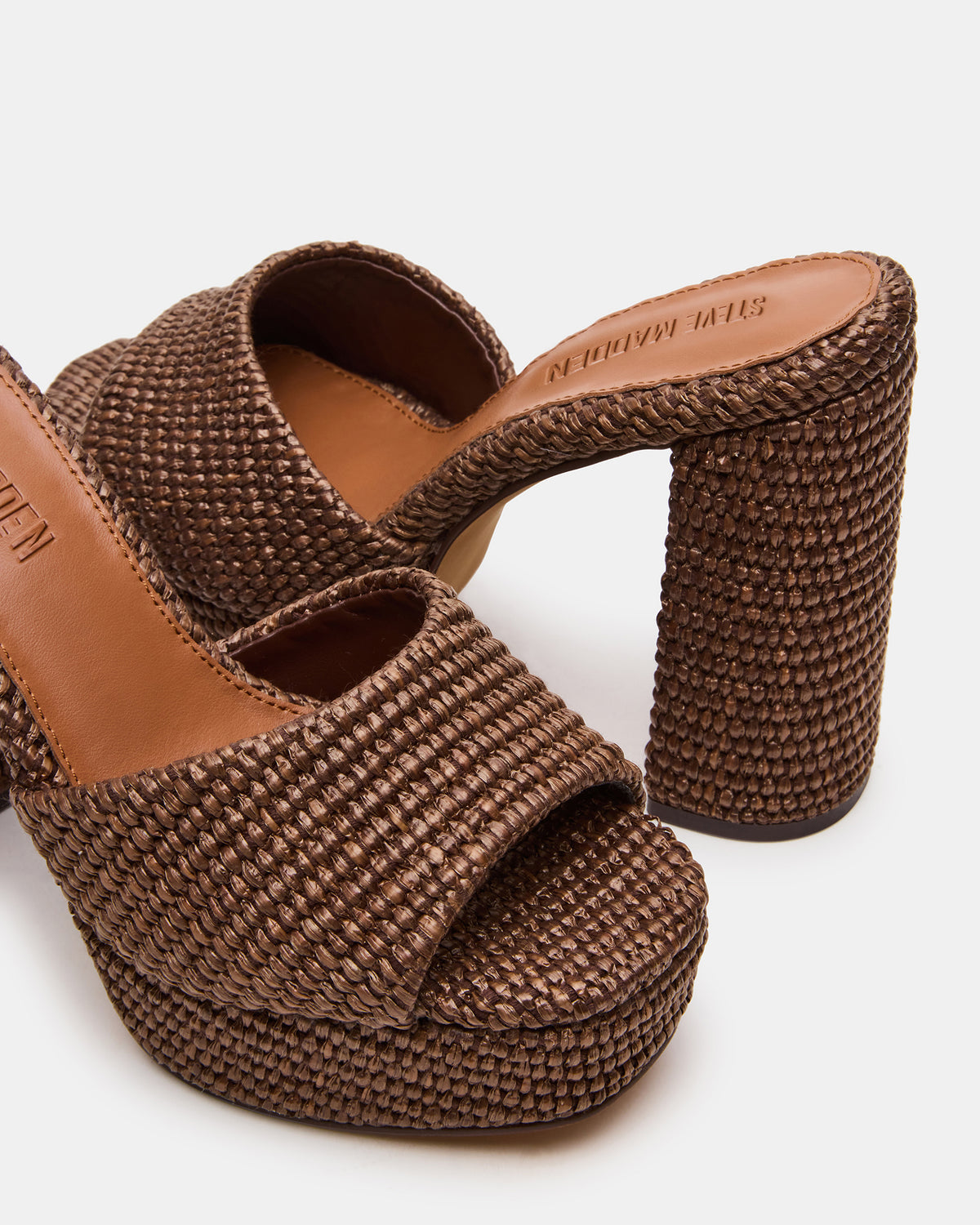 JOEL Brown Raffia Square-Toe Platform Raffia Mule Women's Heel | Steve Madden outlet