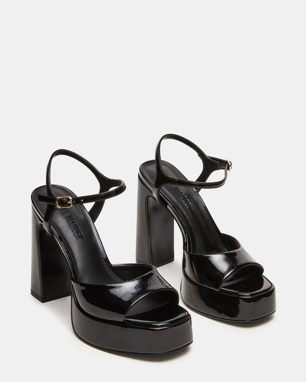 LIANDRA Black Patent Women's Platform Square-Toe Strappy Heel | Steve Madden Sale