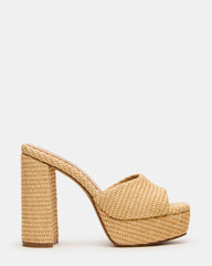 JOEL Natural Raffia Square-Toe Platform Raffia Mule Women's Heel | Steve Madden Sale