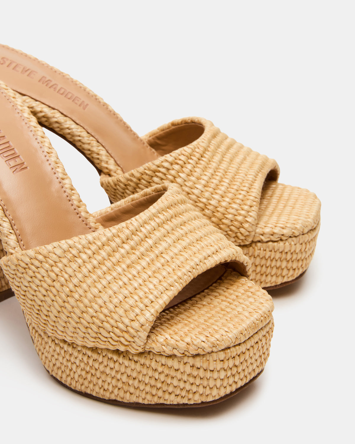 JOEL Natural Raffia Square-Toe Platform Raffia Mule Women's Heel | Steve Madden Sale