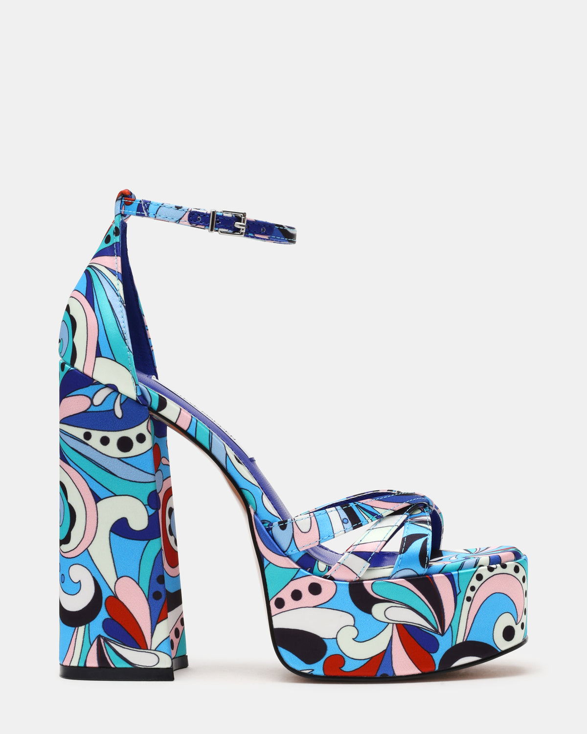RETRO Blue Print Open-Toe Block Heel Platform Women's Heel | Steve Madden on Sale