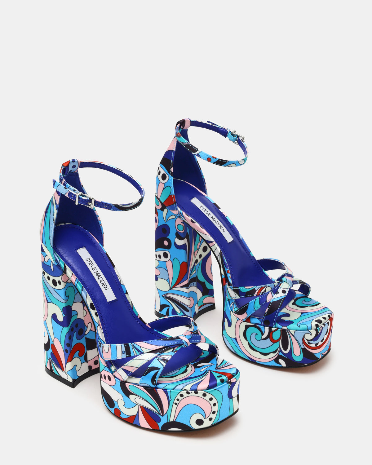 RETRO Blue Print Open-Toe Block Heel Platform Women's Heel | Steve Madden on Sale