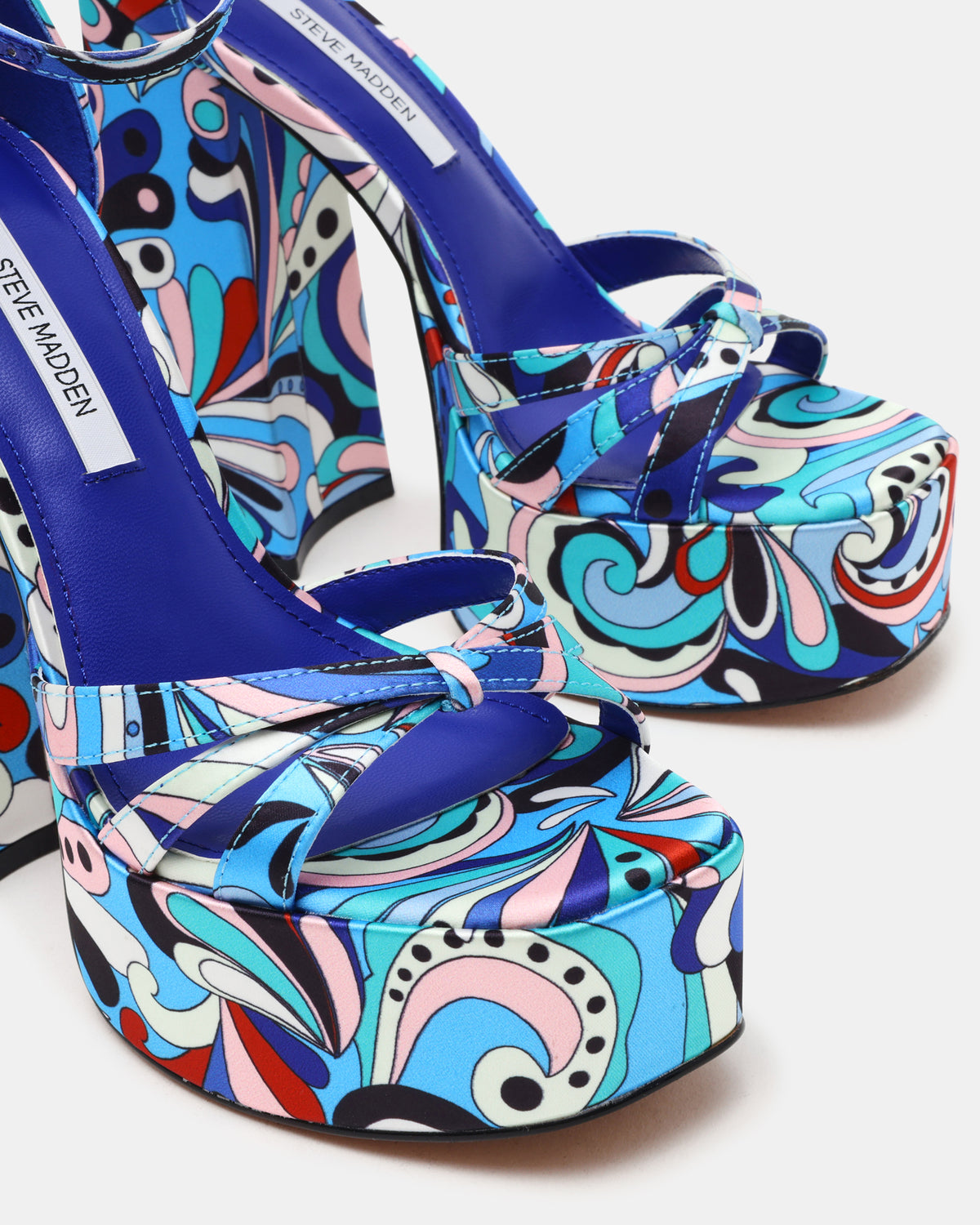 RETRO Blue Print Open-Toe Block Heel Platform Women's Heel | Steve Madden on Sale