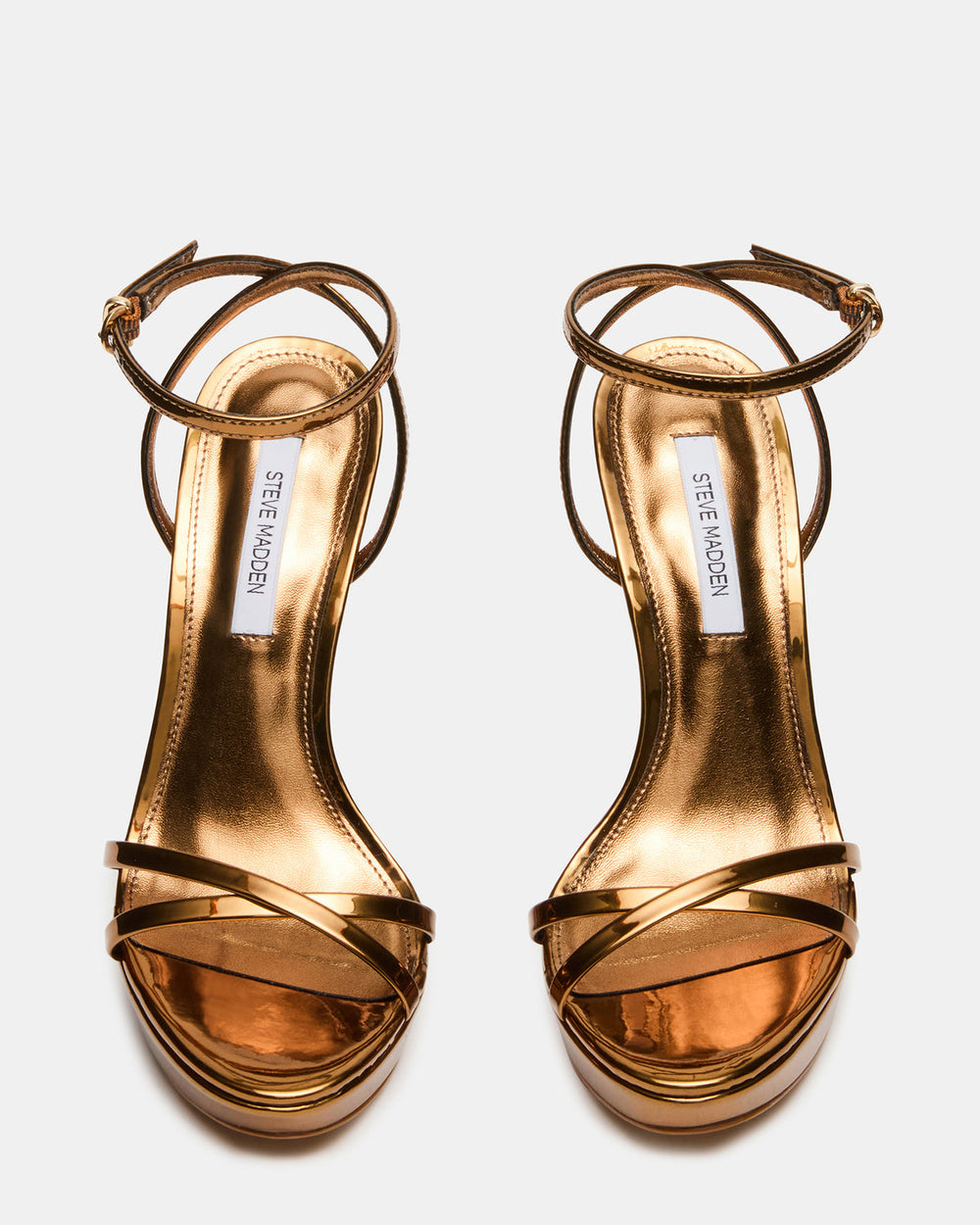 JUNI Bronze Criss Cross Stiletto Ankle Strap Women's Heel | Steve Madden discount