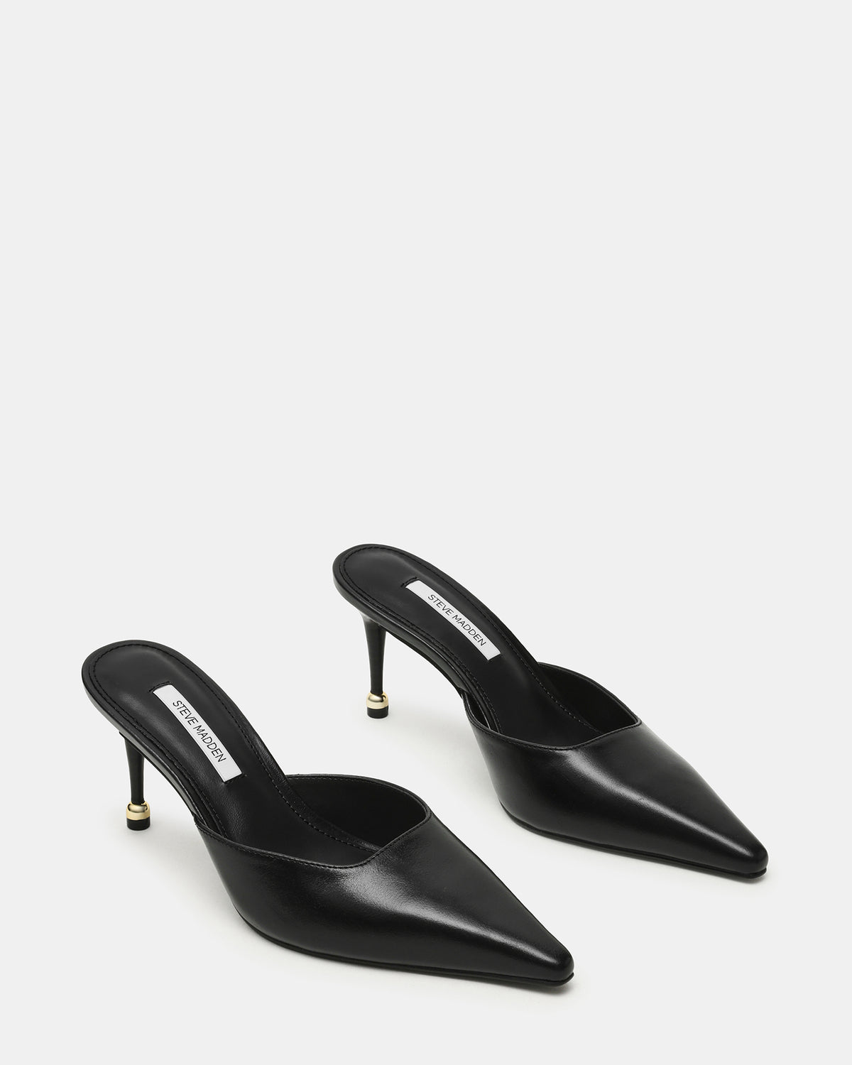 ADELINE Black Leather Mule Pointed-Toe Gold-Detail Women's Heel | Steve Madden US