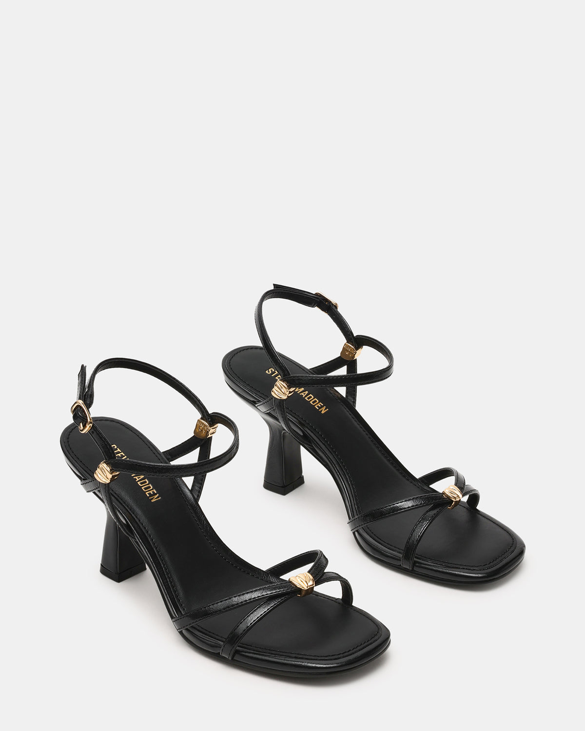 POSY Black Gold-Detail Strappy Square-Toe Women's Heel | Steve Madden for Sale