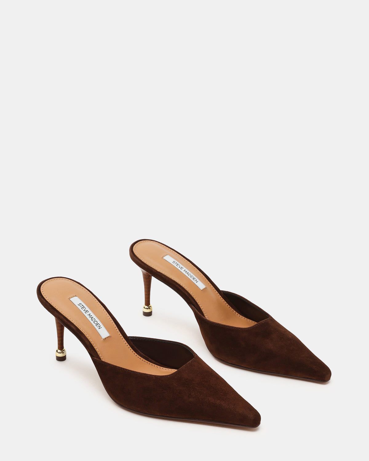 ADELINE Brown Suede Mule Pointed-Toe Gold-Detail Women's Heel | Steve Madden on Sale