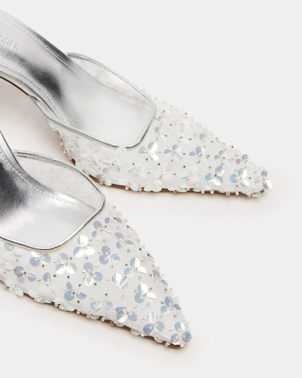 ALEXI Sequin Silver Pointed-Toe Mule Women's Heel | Steve Madden outlet