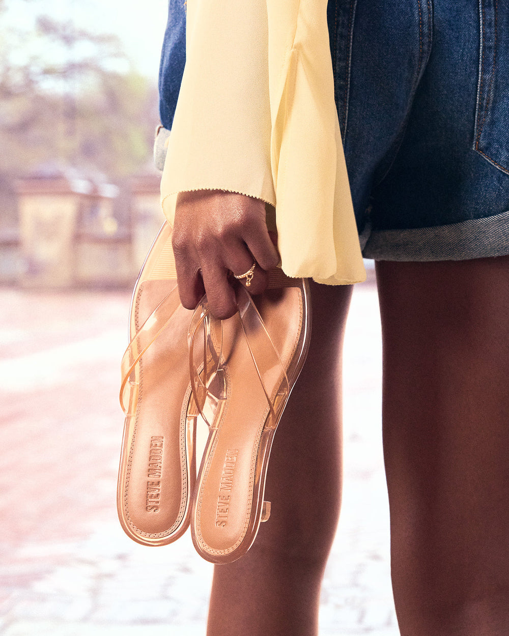 TRACIE Jelly Tan Thong Strap Women's Kitten Heel | Steve Madden on Sale