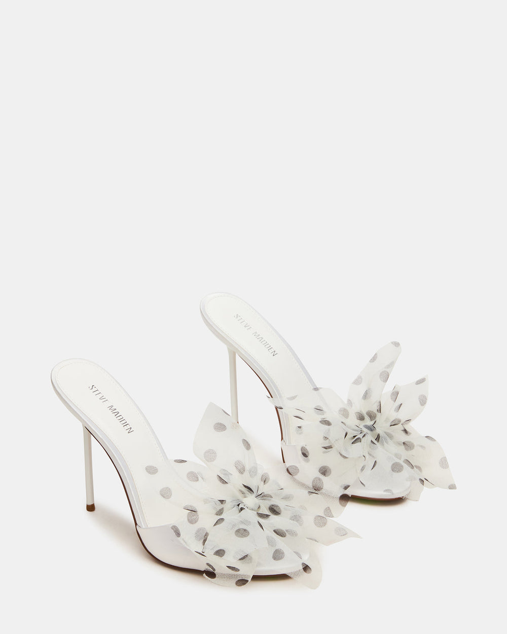DAVINA Tulle White/Black Polka Dot Rounded Open-Toe Mule Stiletto Women's Heel | Steve Madden discount