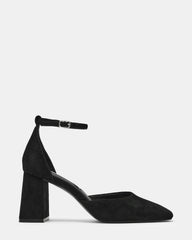 HARTLYN Black Suede Square-Toe Block Heel Ankle Strap Women's Heel | Steve Madden on Sale