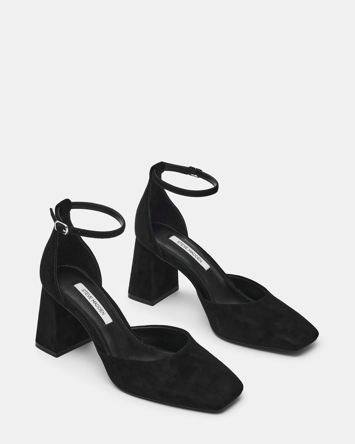 HARTLYN Black Suede Square-Toe Block Heel Ankle Strap Women's Heel | Steve Madden on Sale