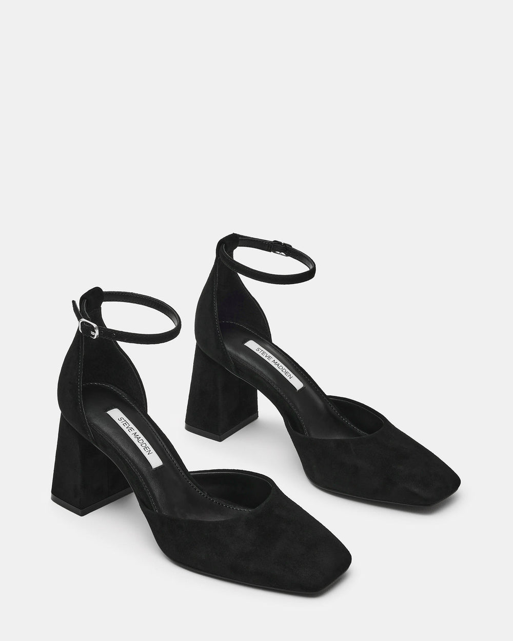HARTLYN Black Suede Square-Toe Block Heel Ankle Strap Women's Heel | Steve Madden on Sale