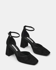 HARTLYN Black Suede Square-Toe Block Heel Ankle Strap Women's Heel | Steve Madden on Sale