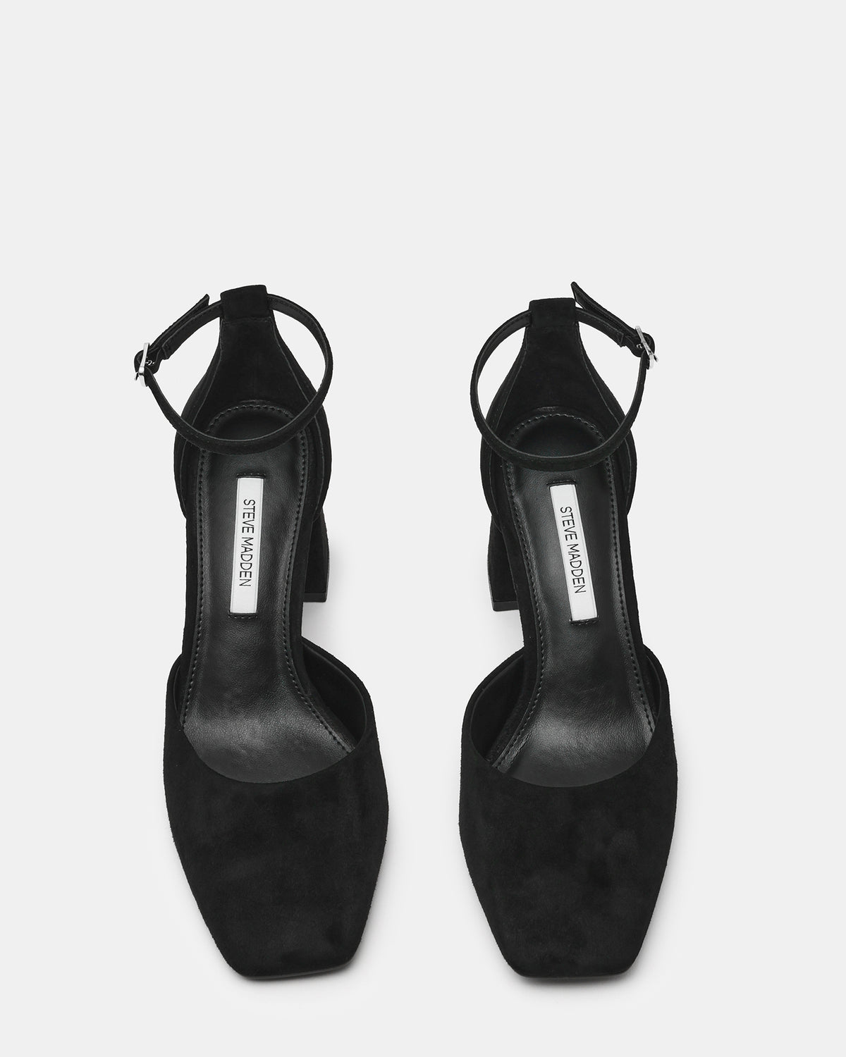 HARTLYN Black Suede Square-Toe Block Heel Ankle Strap Women's Heel | Steve Madden on Sale