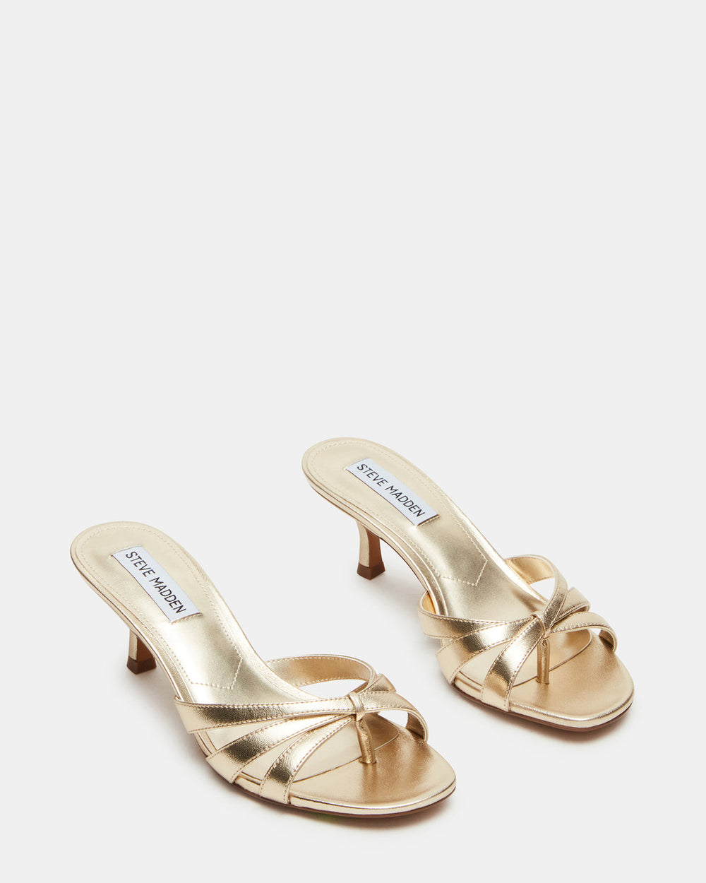 CARY Gold Leather Square-Toe Strappy Mule Women's Heel | Steve Madden on Sale