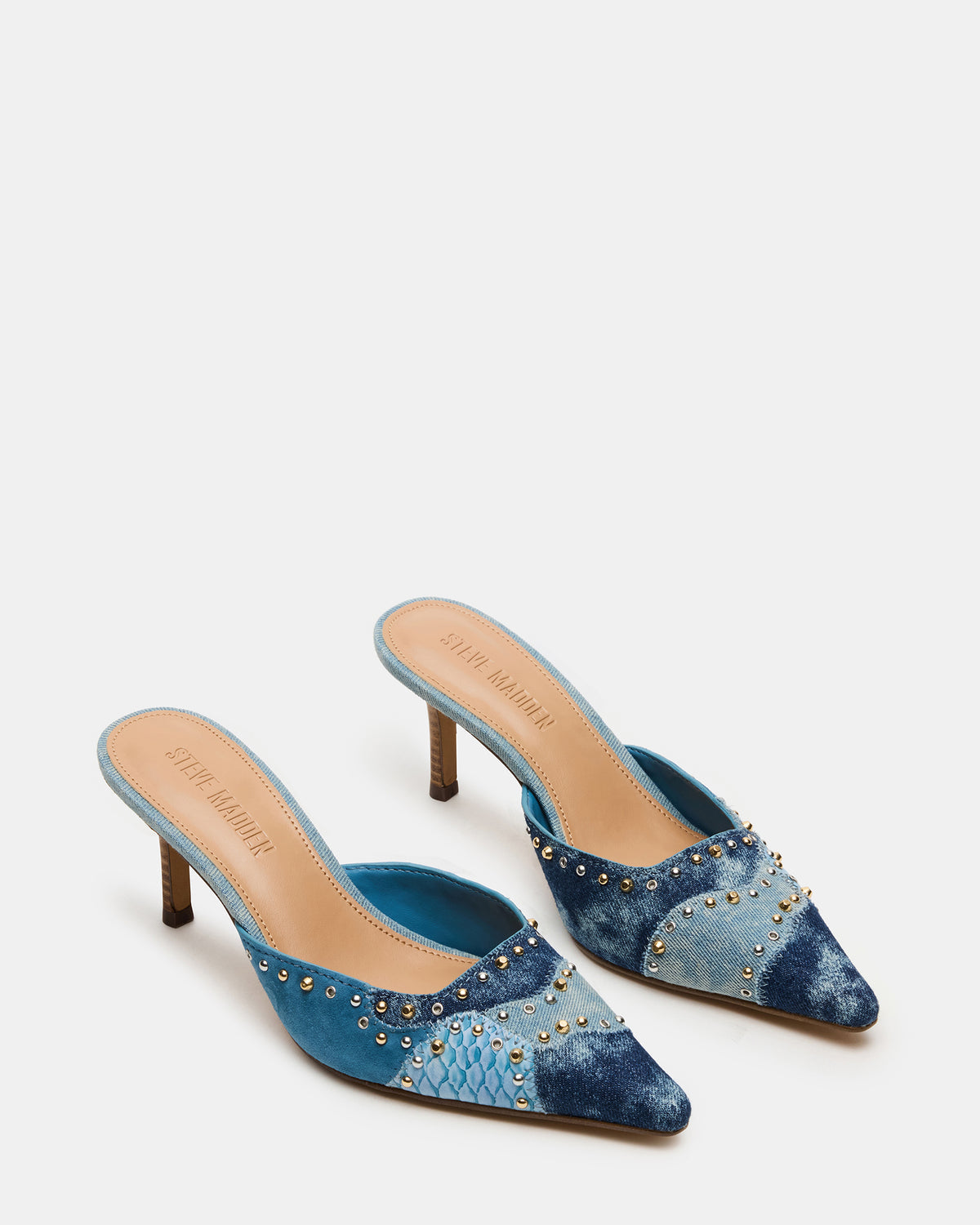 ALEXI Denim Multi Studs Pointed-Toe Mule Women's Heel | Steve Madden online