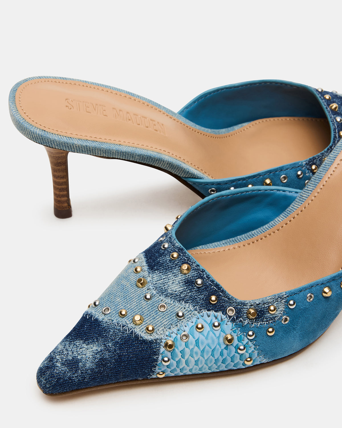ALEXI Denim Multi Studs Pointed-Toe Mule Women's Heel | Steve Madden online