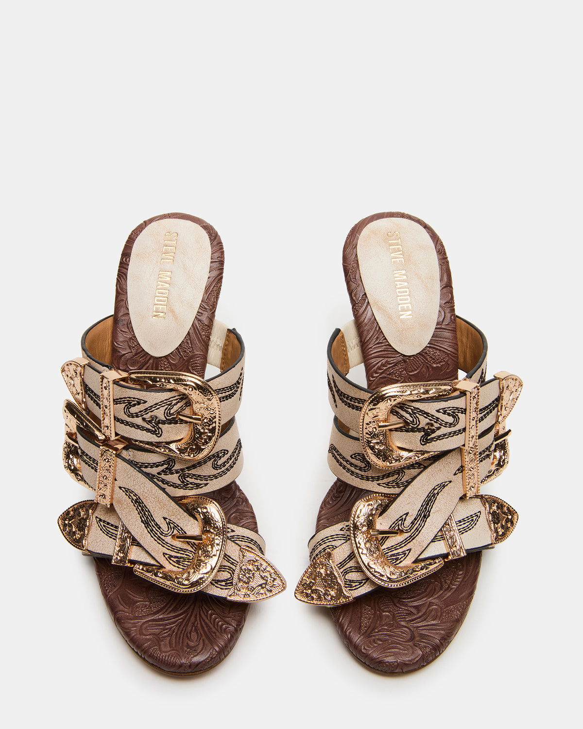 FARRA White Distressed Western-Inspired Stiletto Buckle Mule Women's Heel | Steve Madden outlet