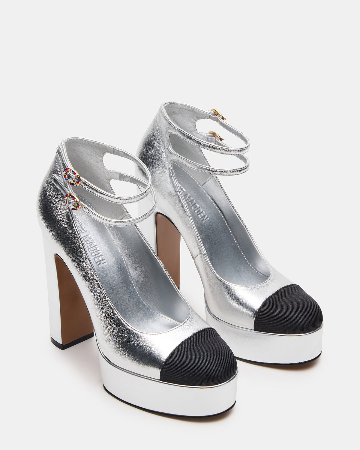 PEYTON Silver Leather Block Heel Platform Women's Heel | Steve Madden online