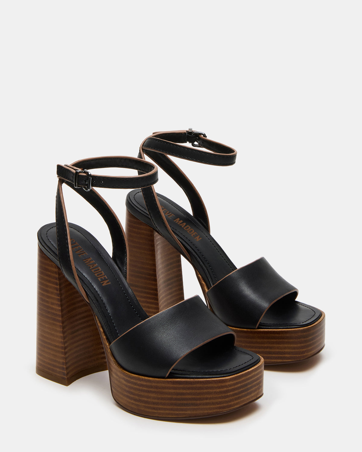 FLORIA Black Leather Women's Platform Square-Toe Block Heel | Steve Madden for Sale