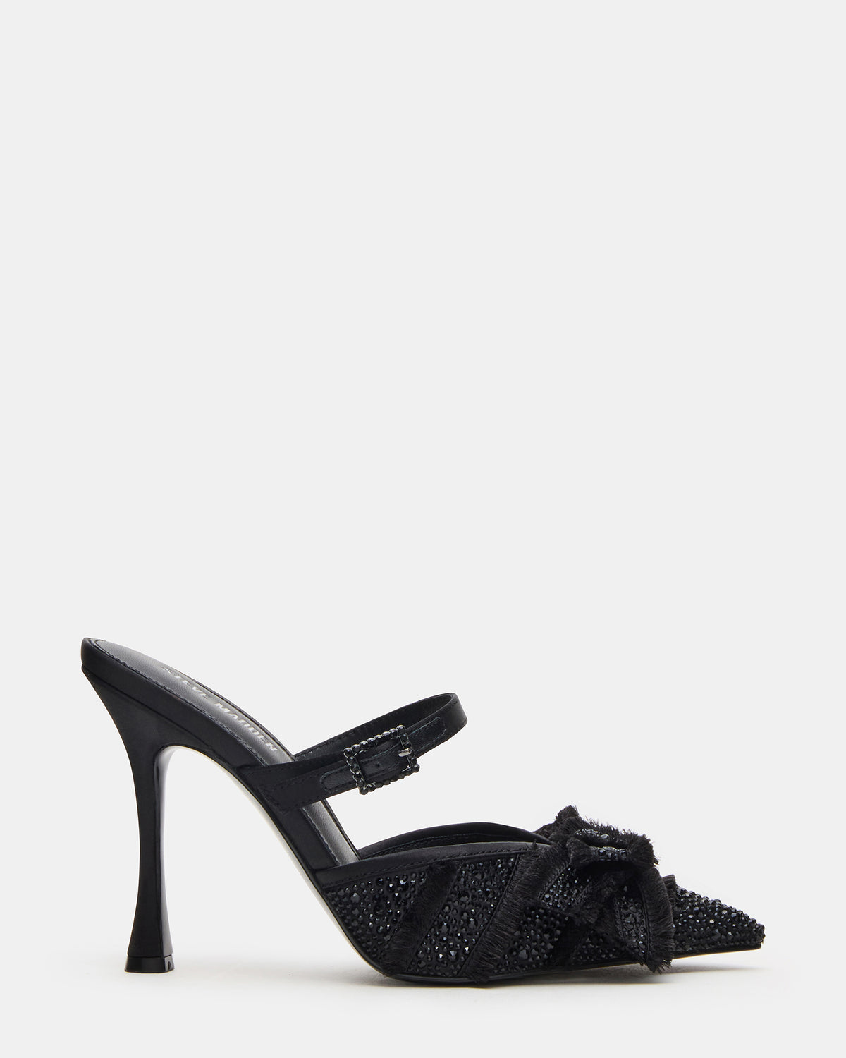 BAYLIN Black Satin Rhinestones Bow Pointed-Toe Stiletto Women's Heel | Steve Madden Sale