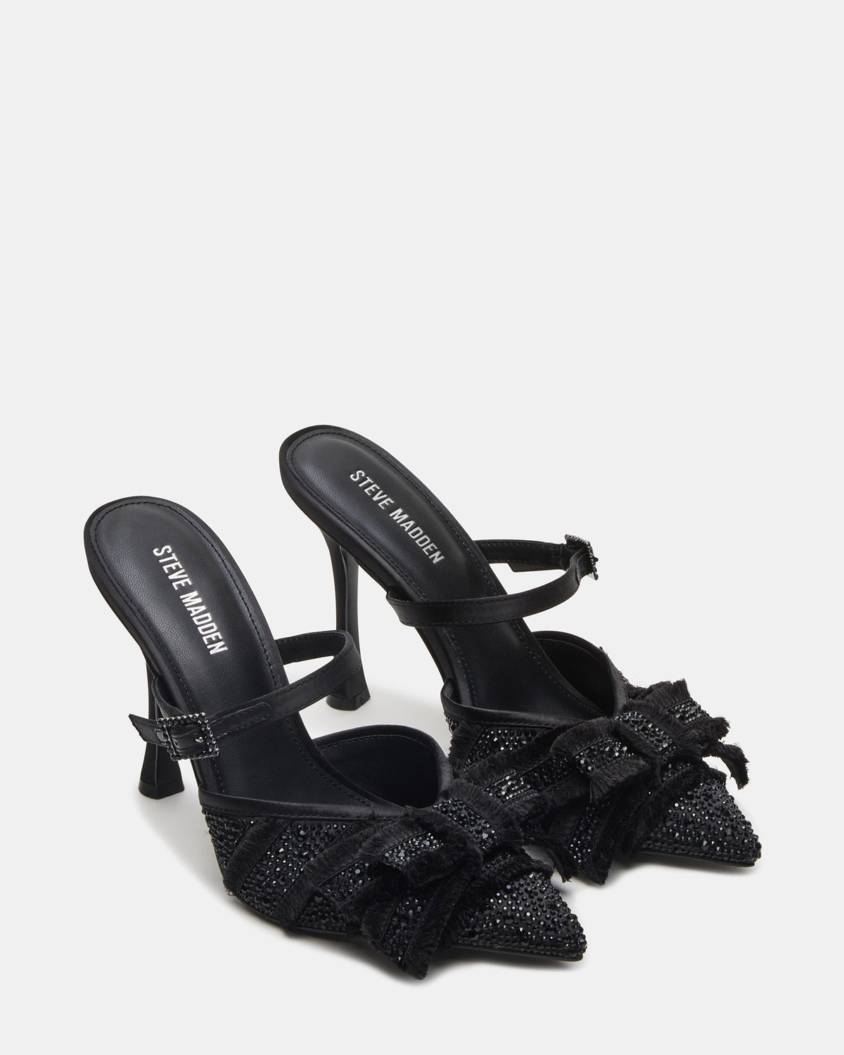 BAYLIN Black Satin Rhinestones Bow Pointed-Toe Stiletto Women's Heel | Steve Madden Sale