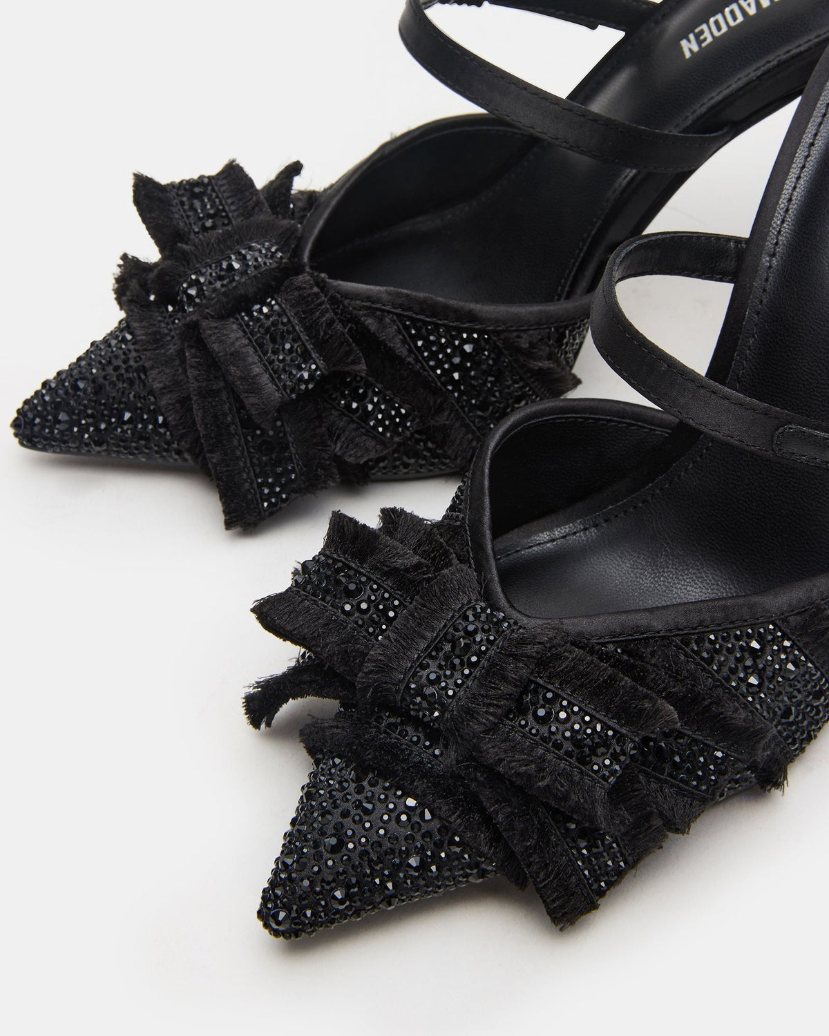 BAYLIN Black Satin Rhinestones Bow Pointed-Toe Stiletto Women's Heel | Steve Madden Sale