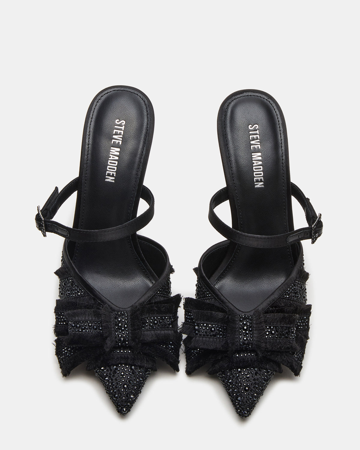 BAYLIN Black Satin Rhinestones Bow Pointed-Toe Stiletto Women's Heel | Steve Madden Sale