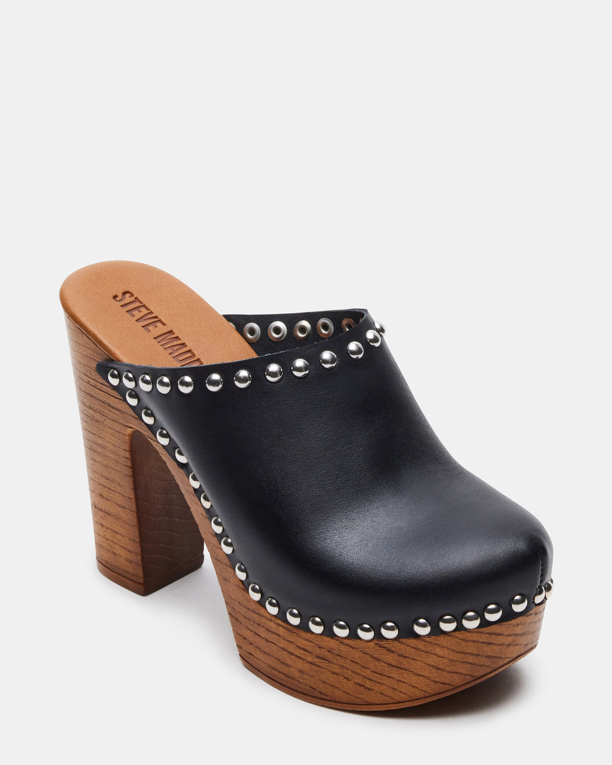 DUTCHESS Black Leather Women's Studded Platform Mule Clog Heel | Steve Madden near me