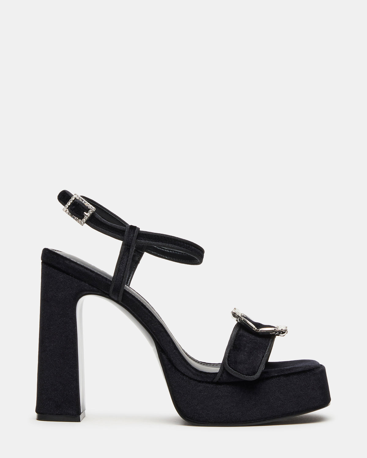 LIANDRA Buckle Black Velvet Women's Platform Square-Toe Strappy Heel | Steve Madden US