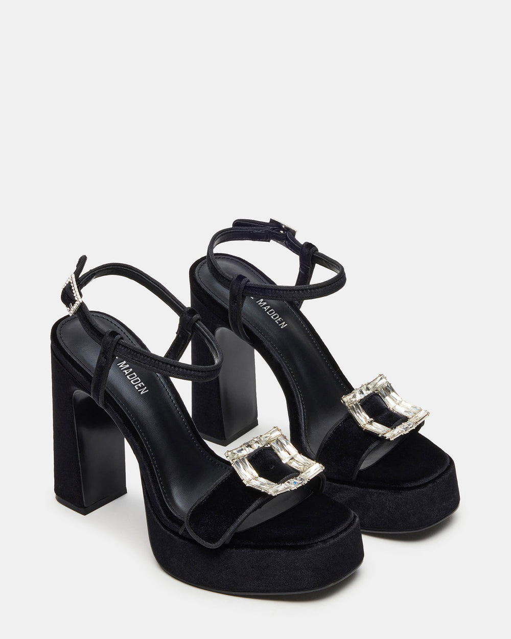 LIANDRA Buckle Black Velvet Women's Platform Square-Toe Strappy Heel | Steve Madden US