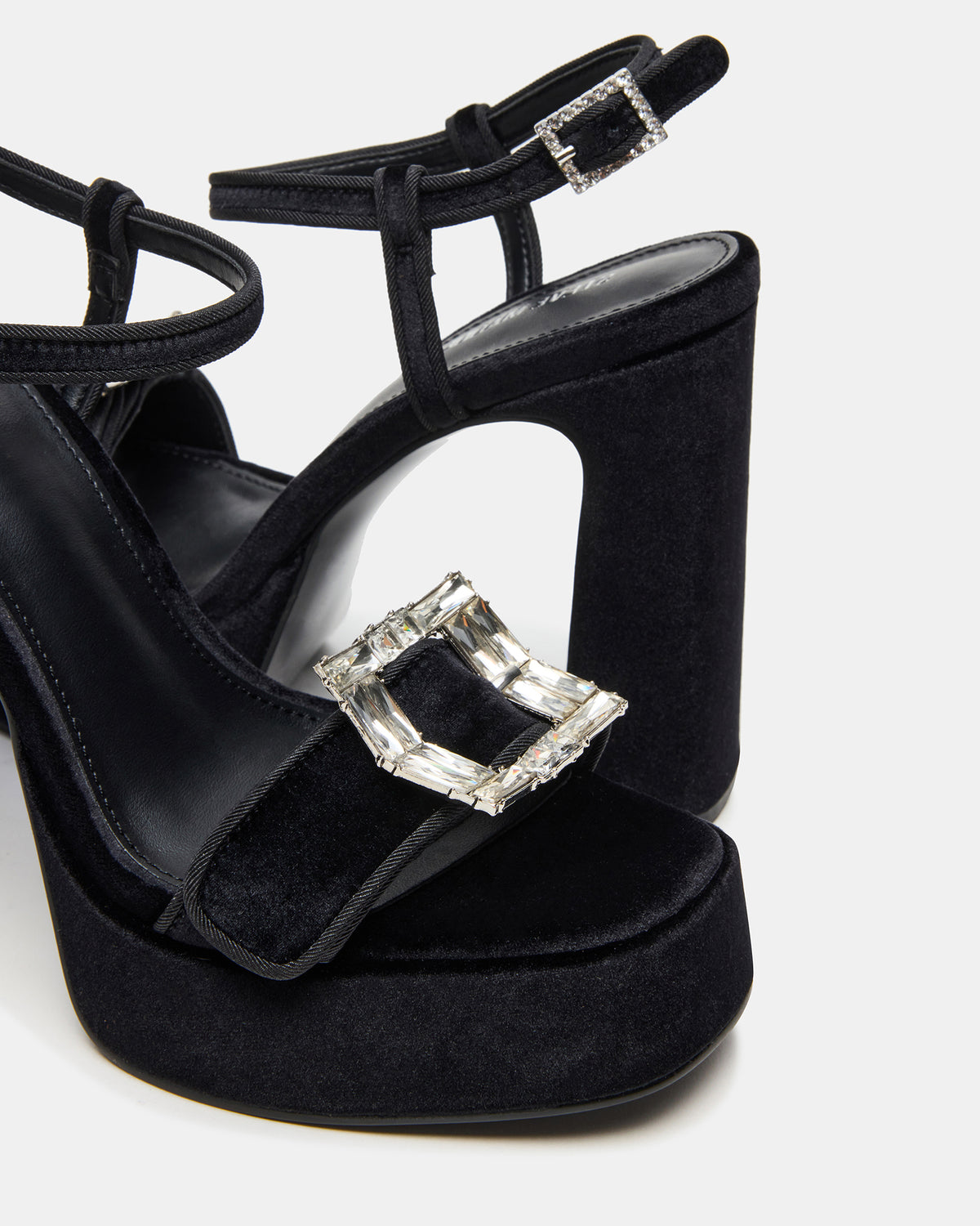 LIANDRA Buckle Black Velvet Women's Platform Square-Toe Strappy Heel | Steve Madden US