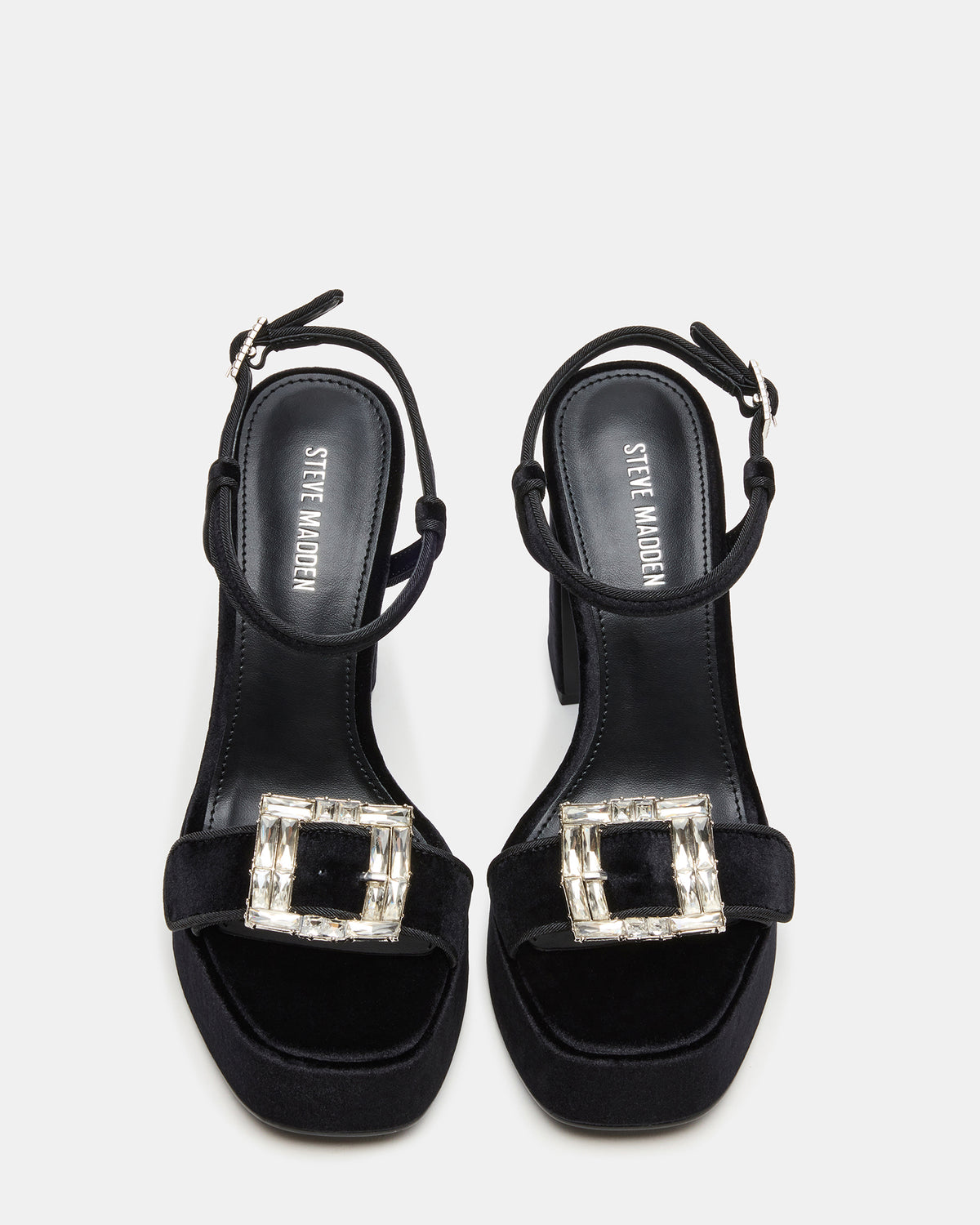 LIANDRA Buckle Black Velvet Women's Platform Square-Toe Strappy Heel | Steve Madden US