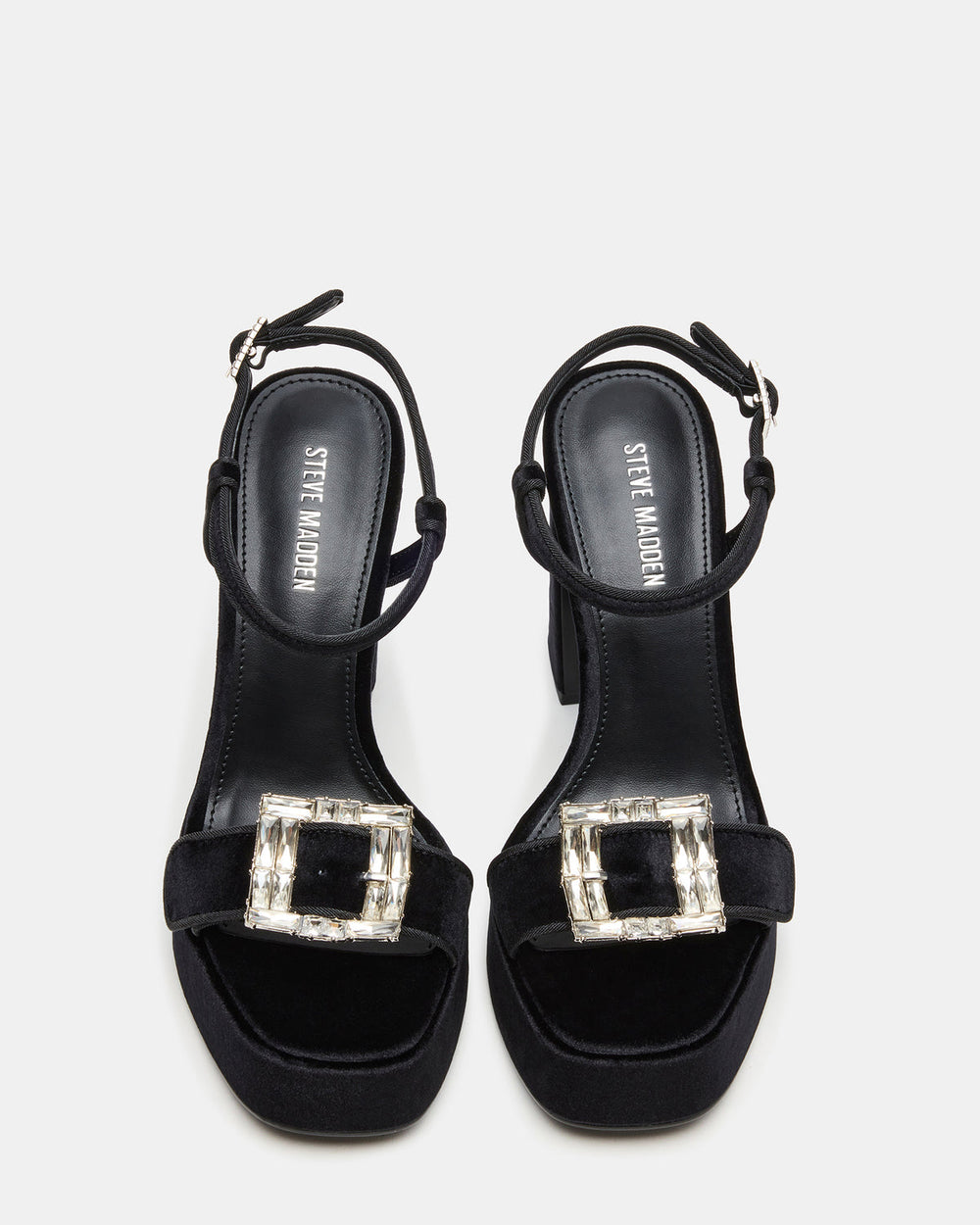 LIANDRA Buckle Black Velvet Women's Platform Square-Toe Strappy Heel | Steve Madden US