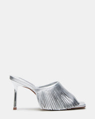 MORINA Silver Leather Square-Toe Stiletto Mule Fringe Heel | Women's Heels | Steve Madden Sale