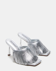 MORINA Silver Leather Square-Toe Stiletto Mule Fringe Heel | Women's Heels | Steve Madden Sale
