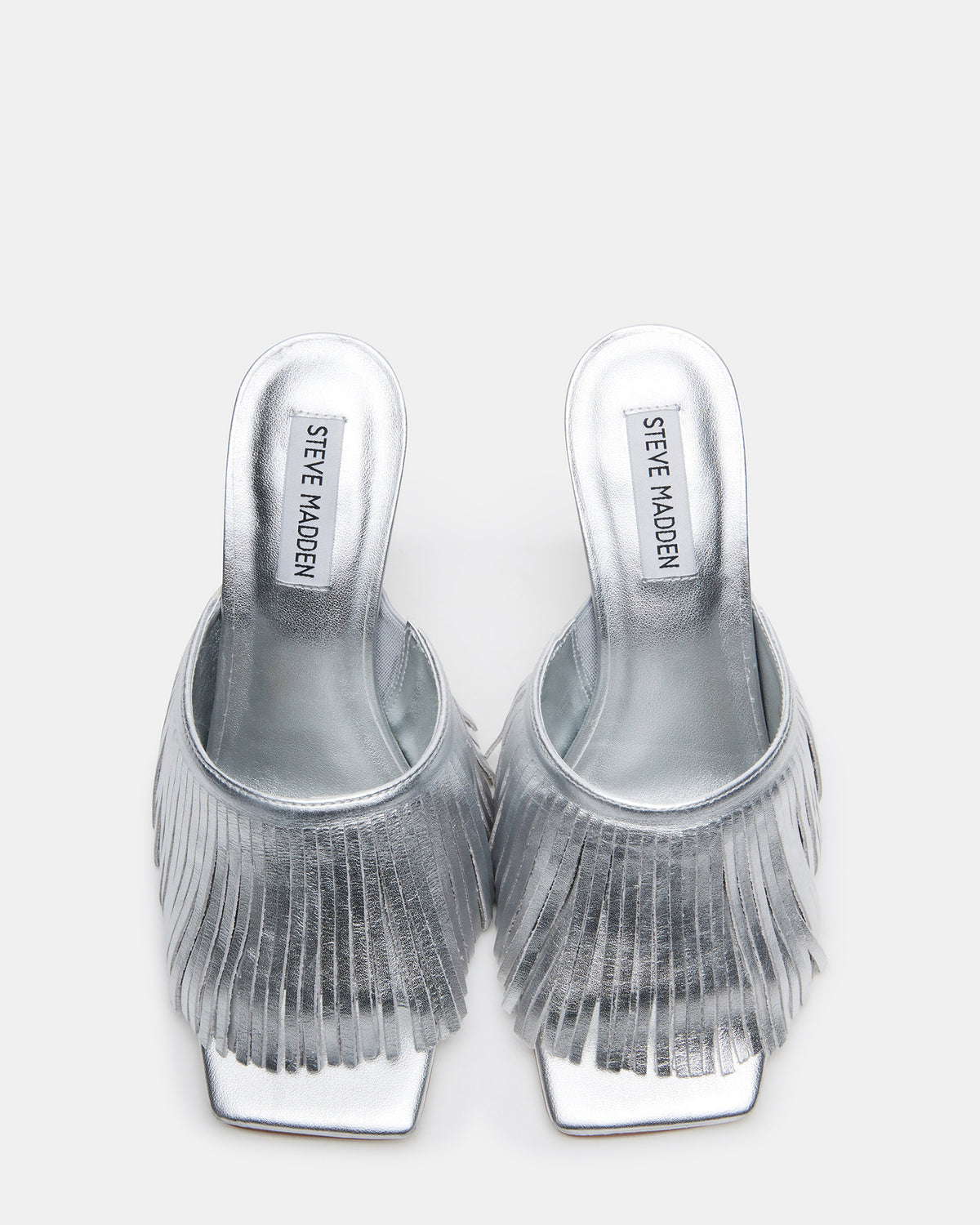 MORINA Silver Leather Square-Toe Stiletto Mule Fringe Heel | Women's Heels | Steve Madden Sale