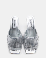MORINA Silver Leather Square-Toe Stiletto Mule Fringe Heel | Women's Heels | Steve Madden Sale