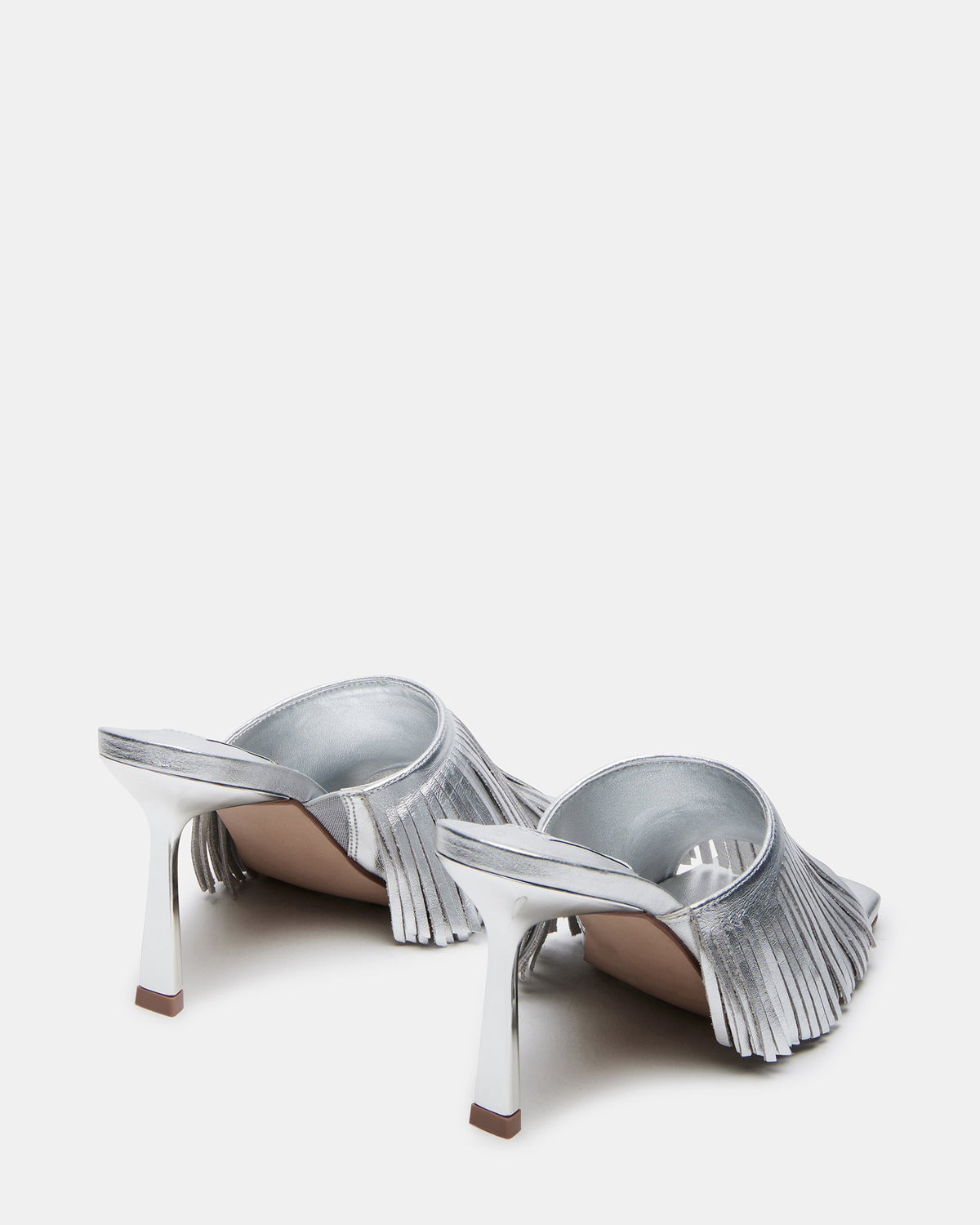 MORINA Silver Leather Square-Toe Stiletto Mule Fringe Heel | Women's Heels | Steve Madden Sale