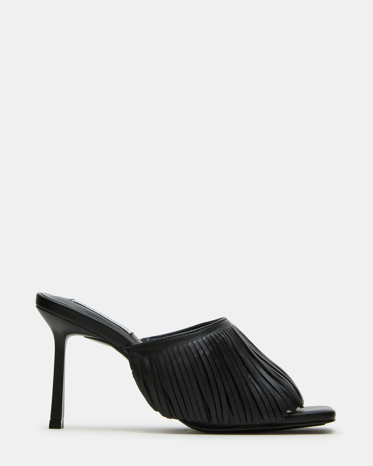 MORINA Black Leather Square-Toe Stiletto Mule Fringe Heel | Women's Heels | Steve Madden online