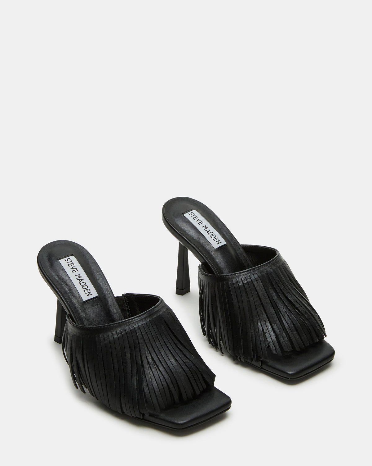 MORINA Black Leather Square-Toe Stiletto Mule Fringe Heel | Women's Heels | Steve Madden online